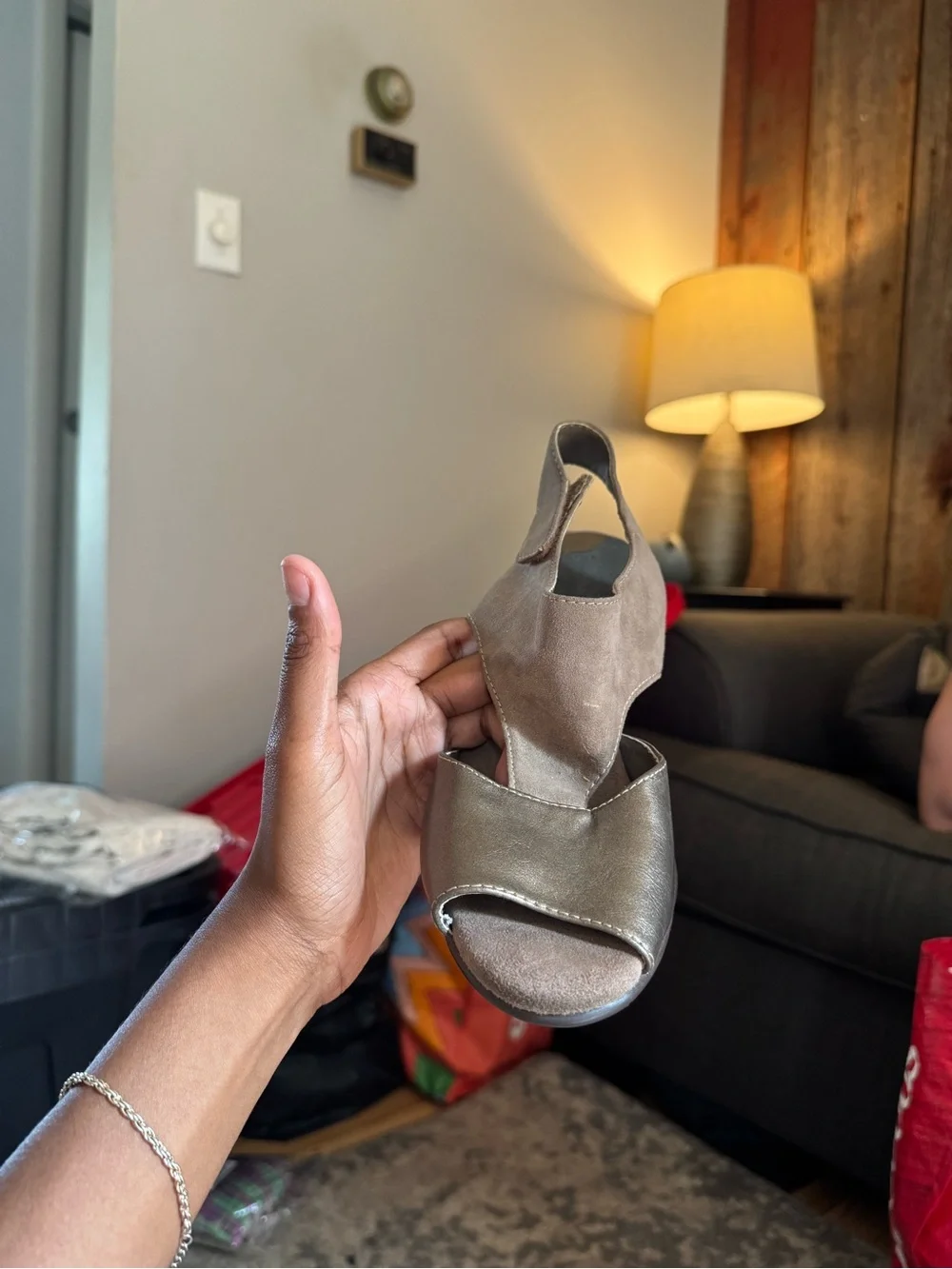 AEROSOLES Taupe Suede and Metallic Gold Wedge Slingbacks